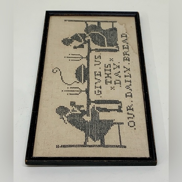 Antique Black Wooden Framed Give Us This Day Our Daily Bread Handmade Sampler - Picture 6 of 13